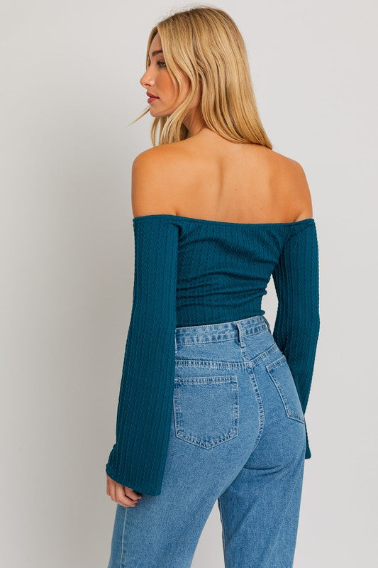 BELL SLEEVE OFF SHOULDER BODYSUIT-TEAL