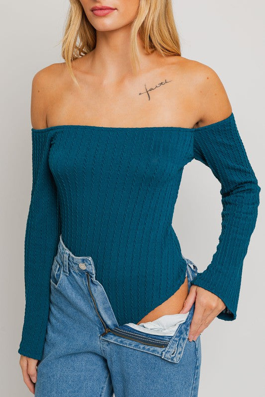 BELL SLEEVE OFF SHOULDER BODYSUIT-TEAL