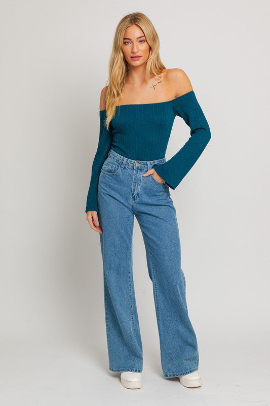 BELL SLEEVE OFF SHOULDER BODYSUIT-TEAL