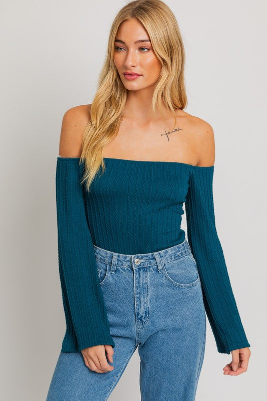 BELL SLEEVE OFF SHOULDER BODYSUIT-TEAL