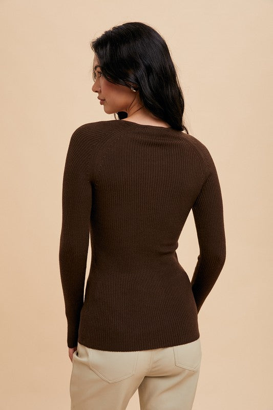 Ribbed Knit Notched V Neck Top Espresso Brown