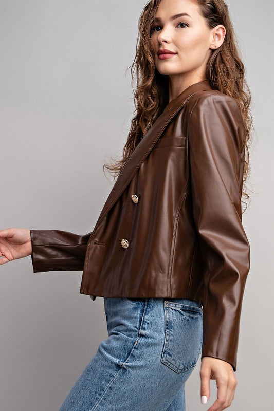 FAUX LEATHER CROPPED MOTO JACKET BROWN