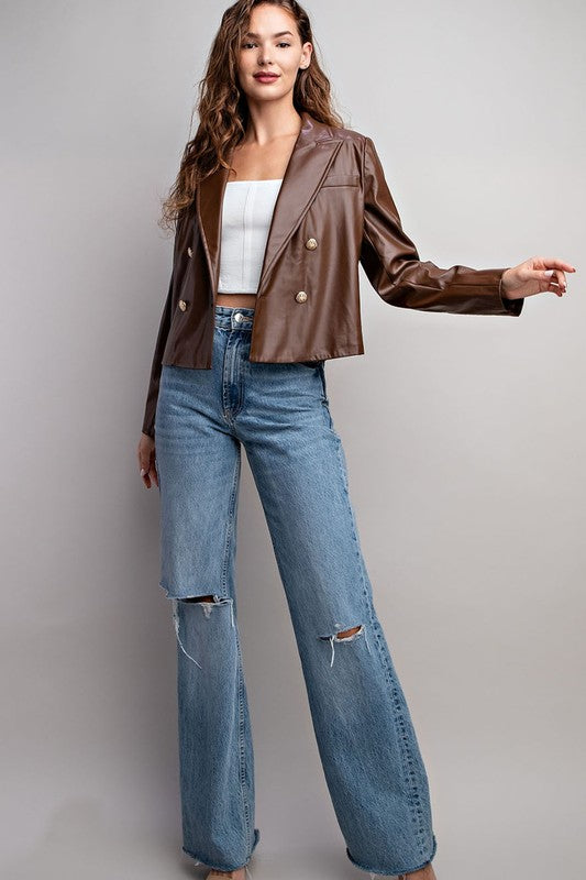 FAUX LEATHER CROPPED MOTO JACKET BROWN