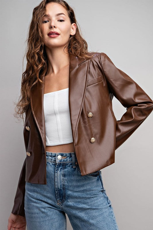 FAUX LEATHER CROPPED MOTO JACKET BROWN