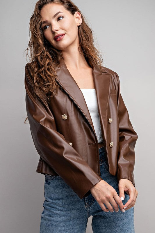 FAUX LEATHER CROPPED MOTO JACKET BROWN