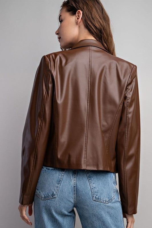 FAUX LEATHER CROPPED MOTO JACKET BROWN