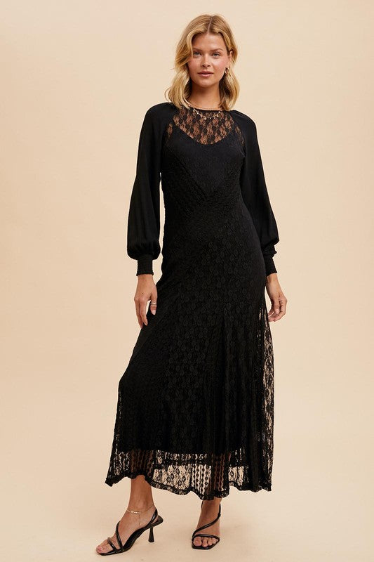 RAGLAN VINTAGE LACE PANELED DRESS BLACK