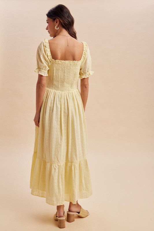 Telesia Smocked Eyelet Lace Yellow Maxi Dress