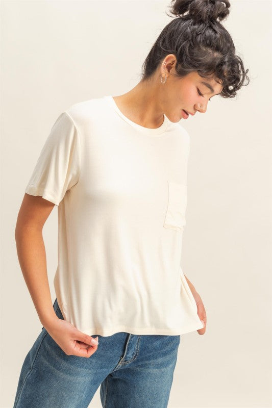 Classic Crew Neck Short Sleeve Pocket Top Cream