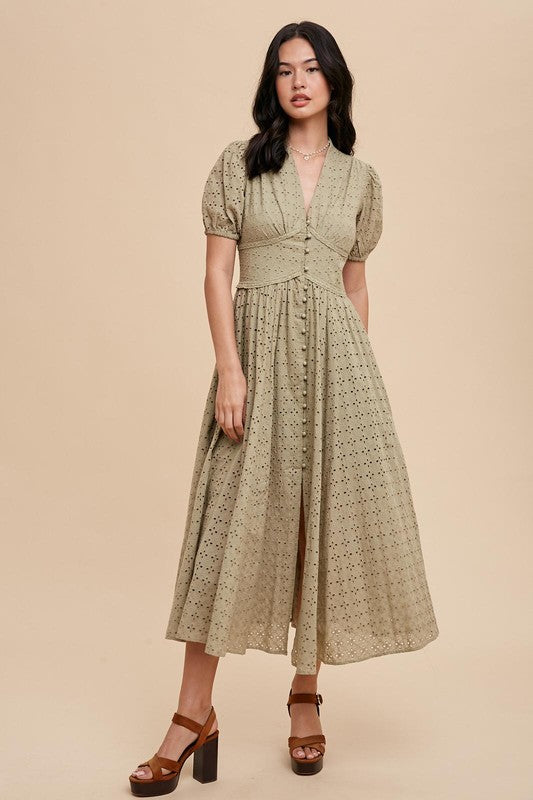 Lisa Cotton Eyelet Button Down Dress Olive Green