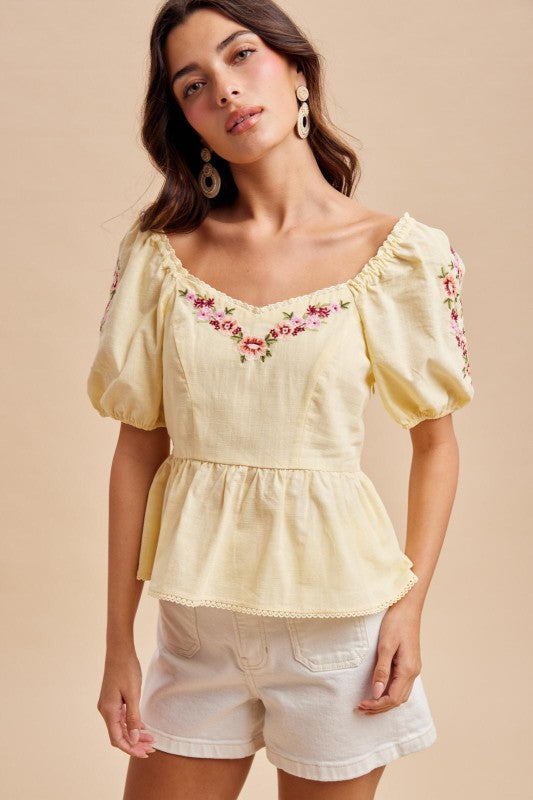 Adriana Cotton Embroidered Sweetheart Yellow Top