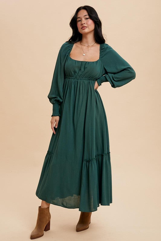 GATHERED LONG SLEEVE SQUARE NECK MAXI DRESS