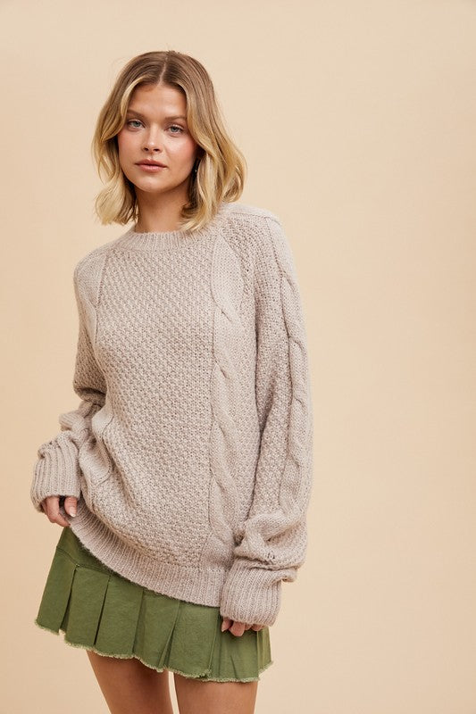 WOOL BLEND CABLE KNIT PULLOVER BLACK TAUPE