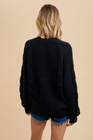 WOOL BLEND CABLE KNIT PULLOVER BLACK