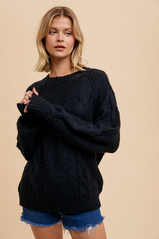 WOOL BLEND CABLE KNIT PULLOVER BLACK