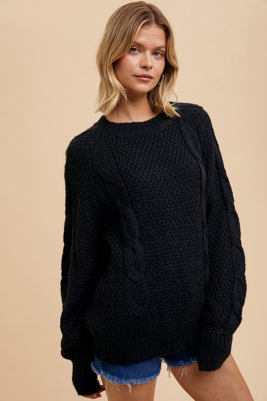 WOOL BLEND CABLE KNIT PULLOVER BLACK