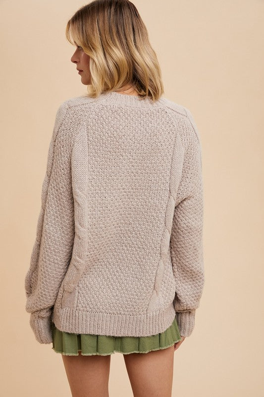 WOOL BLEND CABLE KNIT Oversized PULLOVER  TAUPE