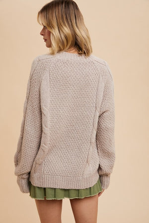 WOOL BLEND CABLE KNIT PULLOVER BLACK TAUPE