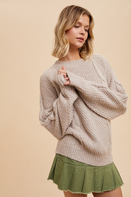 WOOL BLEND CABLE KNIT PULLOVER BLACK TAUPE