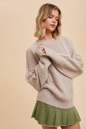 WOOL BLEND CABLE KNIT PULLOVER BLACK TAUPE