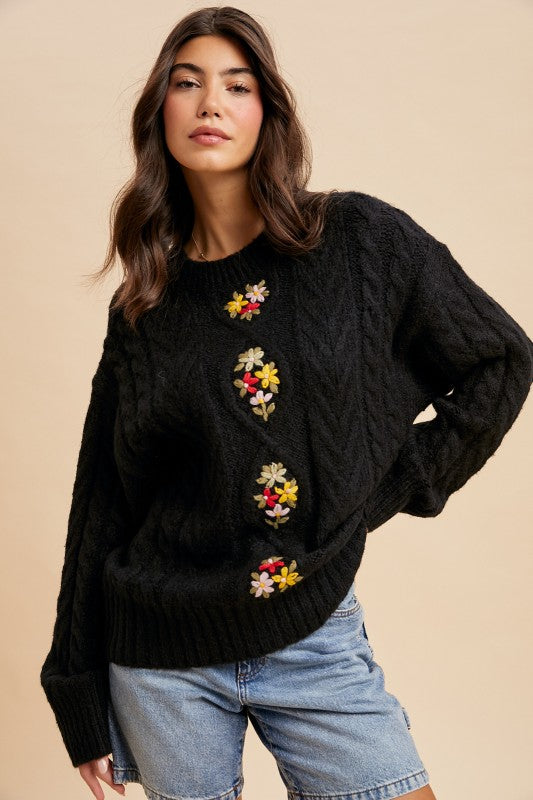 Cable Knit Pullover Black Floral Embroidered Sweater