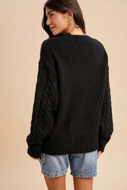 Cable Knit Pullover Black Floral Embroidered Sweater