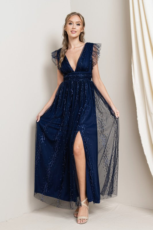 SHIMMER TULLE OVERLAY MAXI NAVY