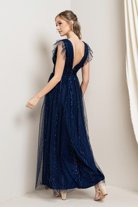 SHIMMER TULLE OVERLAY MAXI NAVY