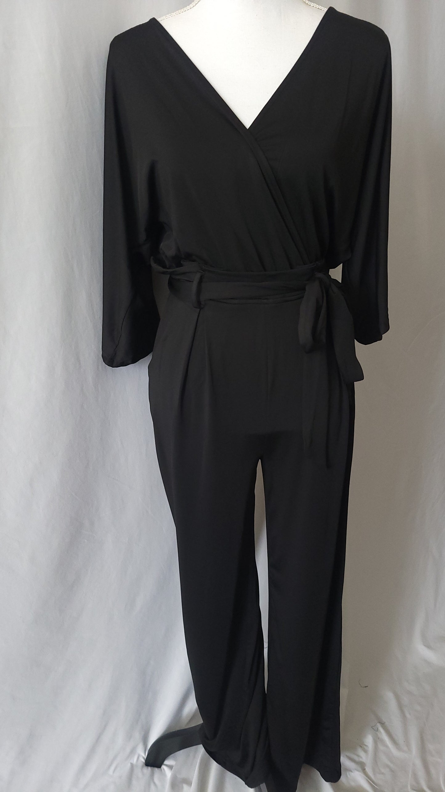 V NECK VENETIAN WIDE LEG JUMPSUIT  WITH TIE Black