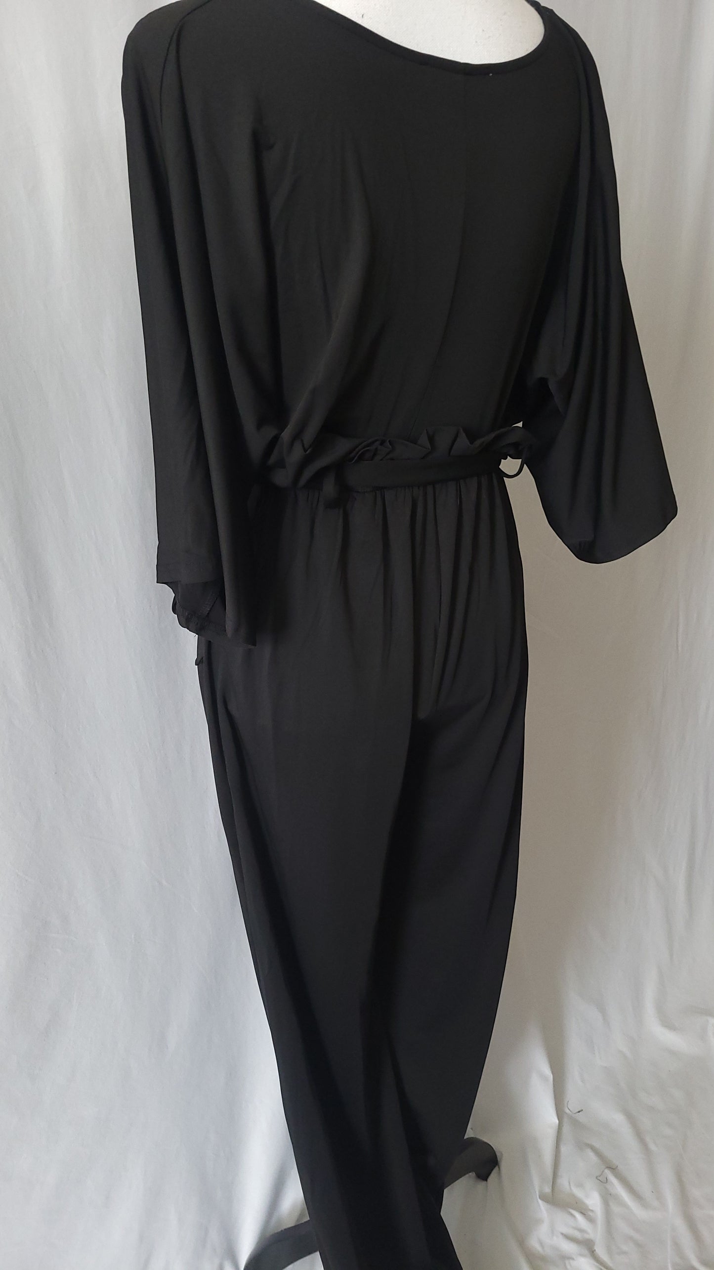 V NECK VENETIAN WIDE LEG JUMPSUIT  WITH TIE Black