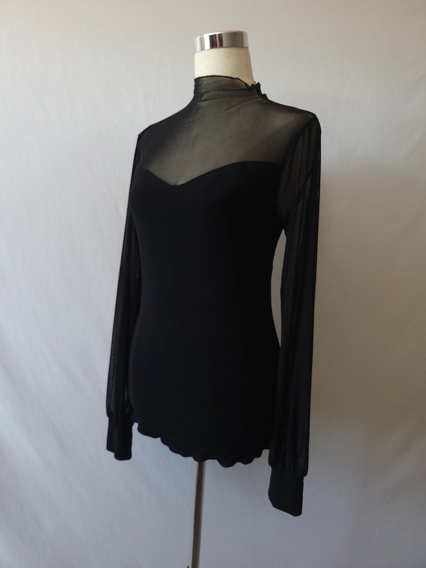 SHEER MESH CONTRAST RIB MOCK NECK BLACK TOP