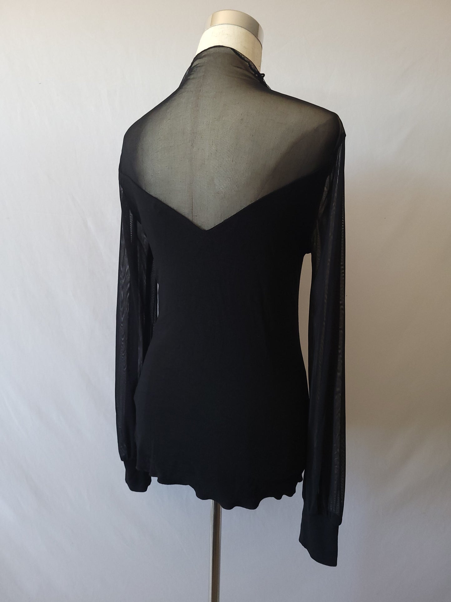 SHEER MESH CONTRAST RIB MOCK NECK BLACK TOP