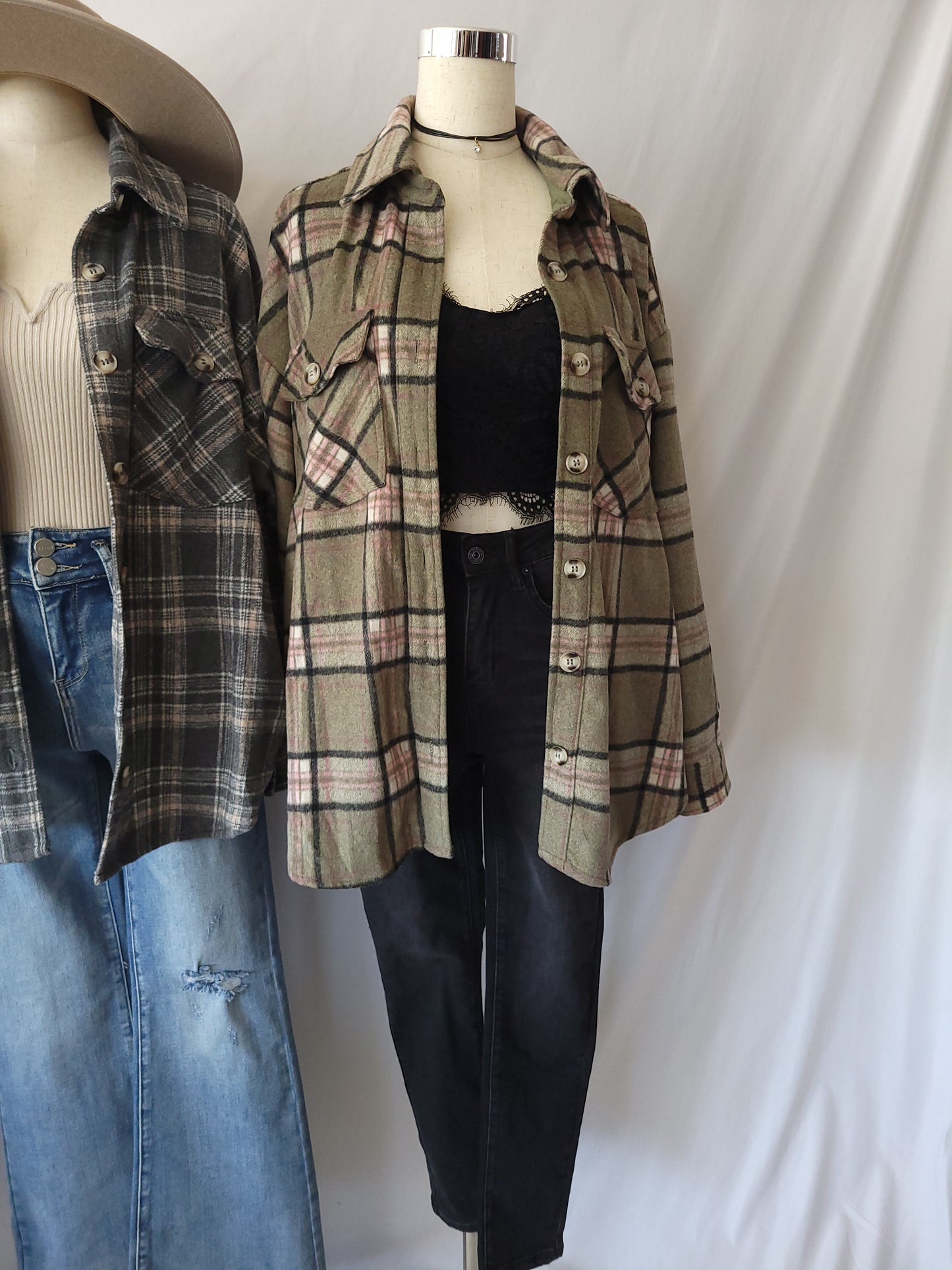 Falling For You Plaid Oversized Shacket-Green