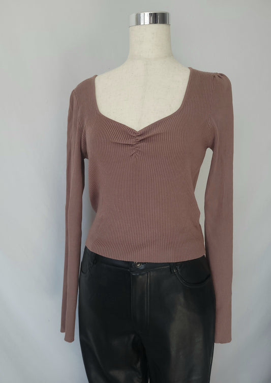 Ruched Bust Long Sleeve Top- Brown S-XL