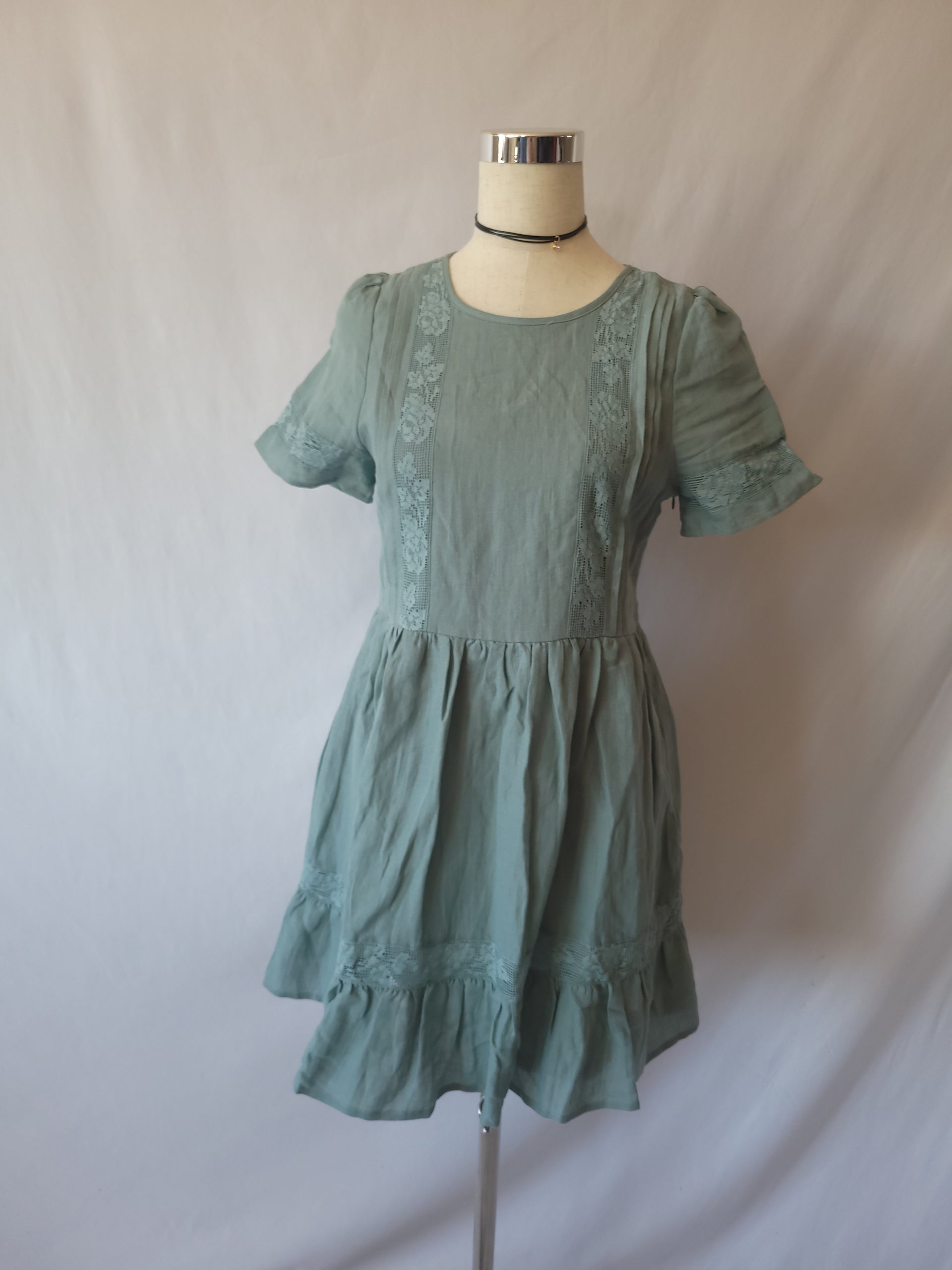 Cotton Babydoll Lace Inset Sage Green Dress Large