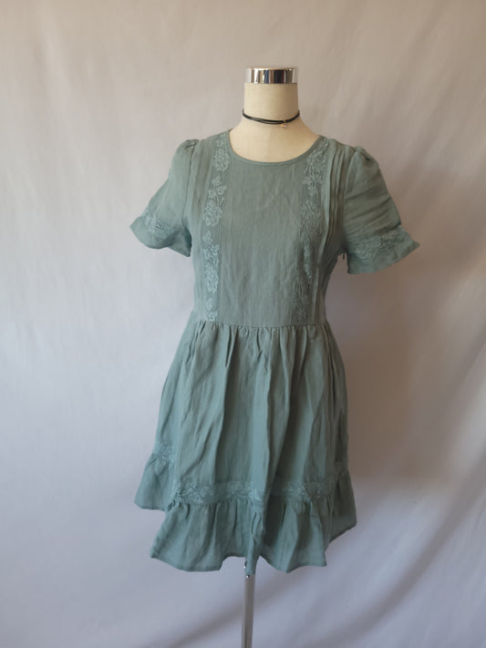 Cotton Babydoll Lace Inset Sage Green Dress