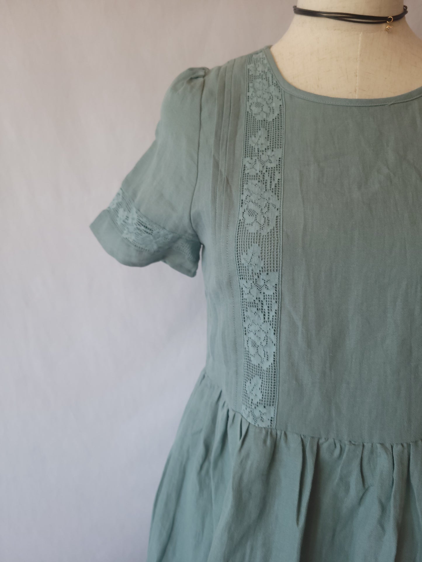 Cotton Babydoll Lace Inset Sage Green Dress