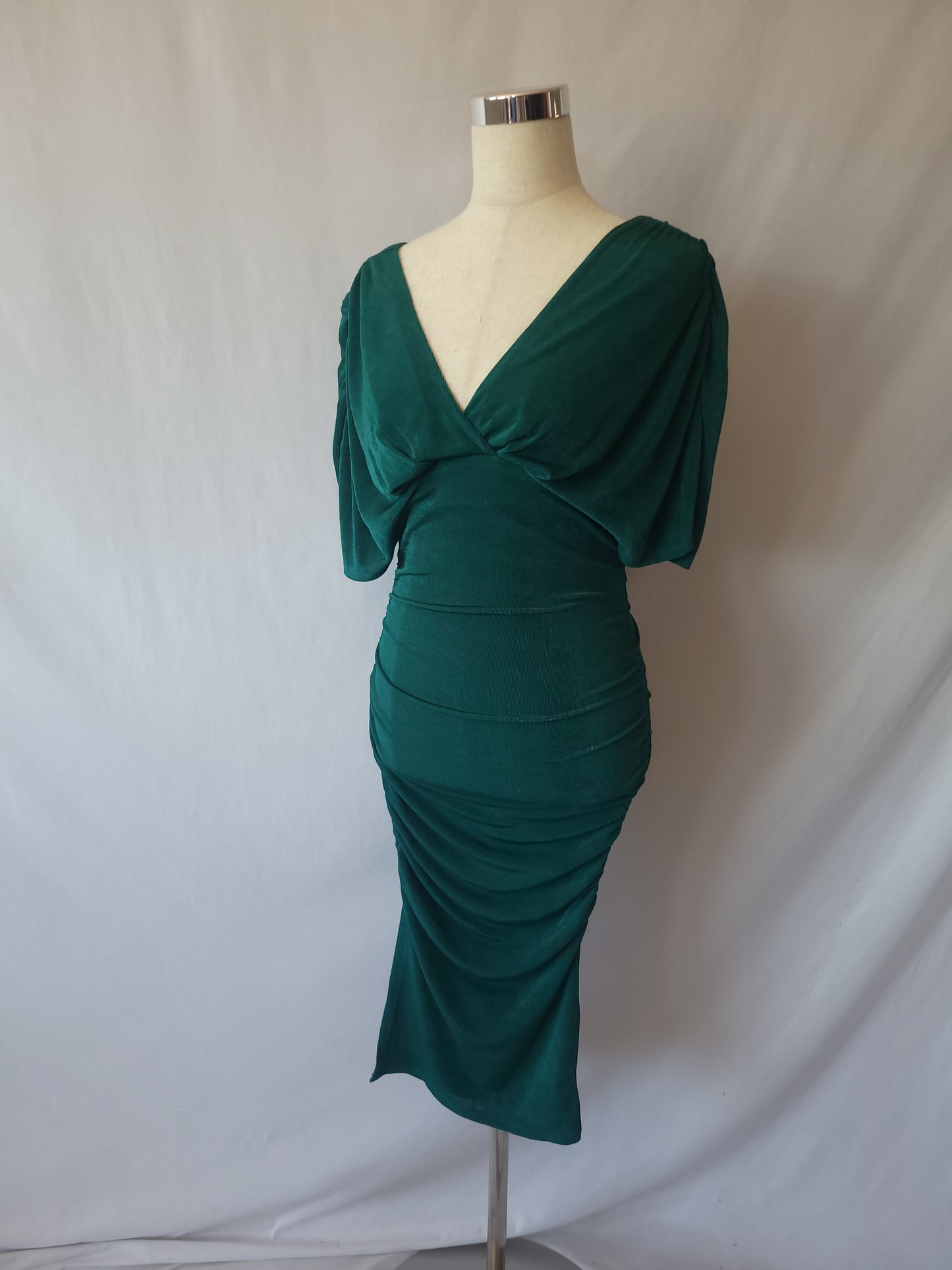 Ruched Bodycon Slinky Green Dress With Side Slit