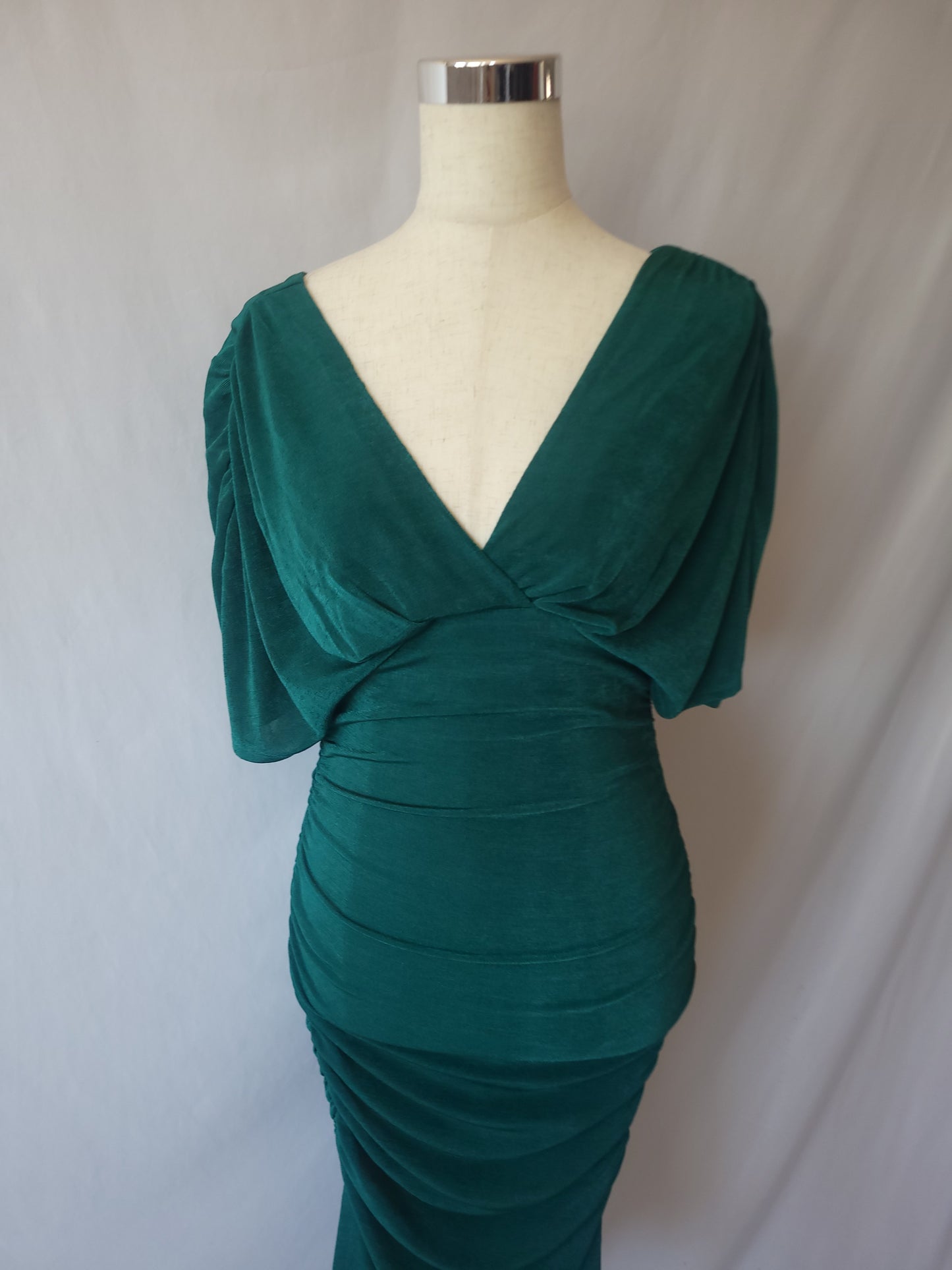 Ruched Bodycon Slinky Green Dress With Side Slit