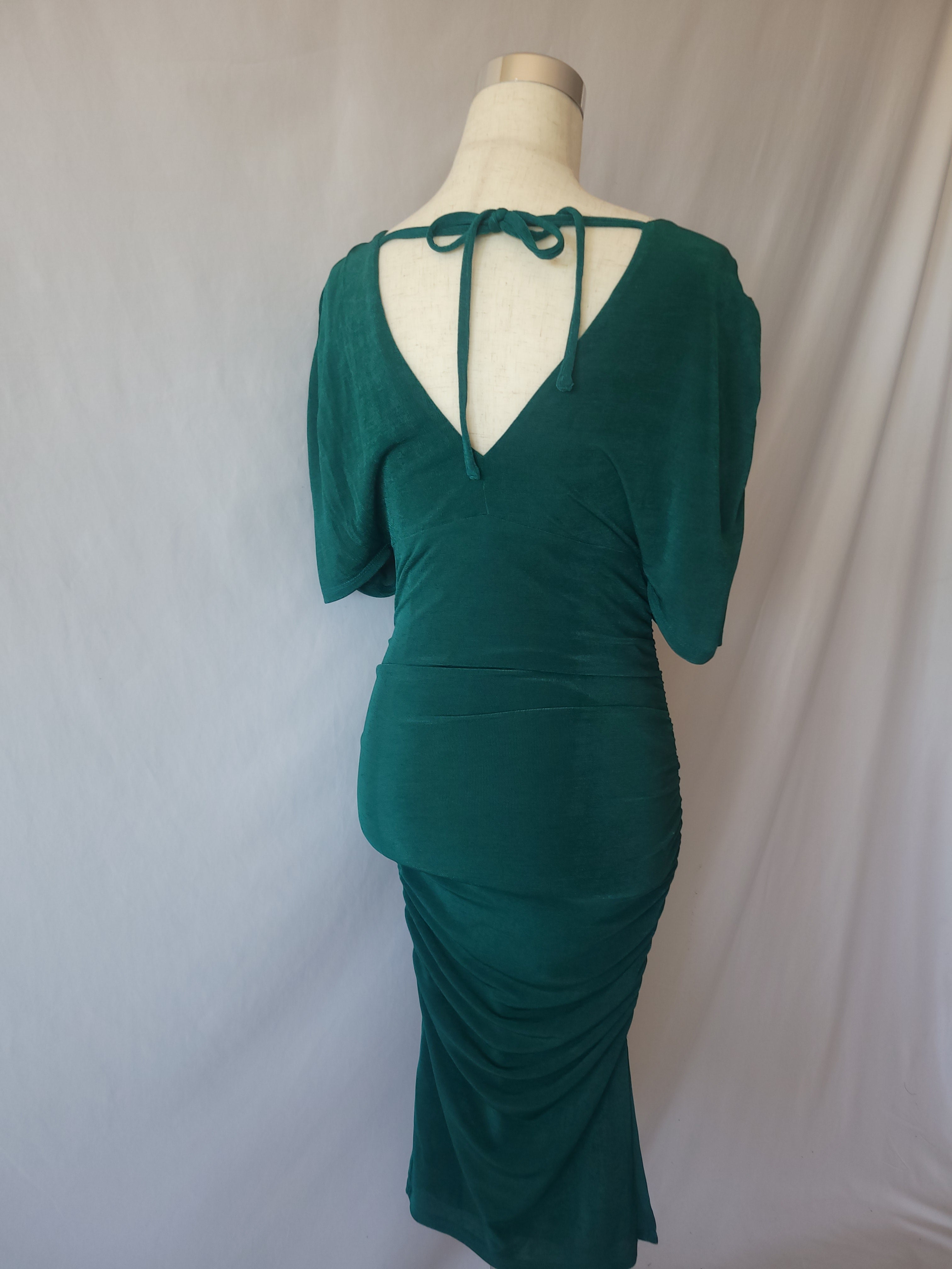 Ruched Bodycon Slinky Green Dress With Side Slit