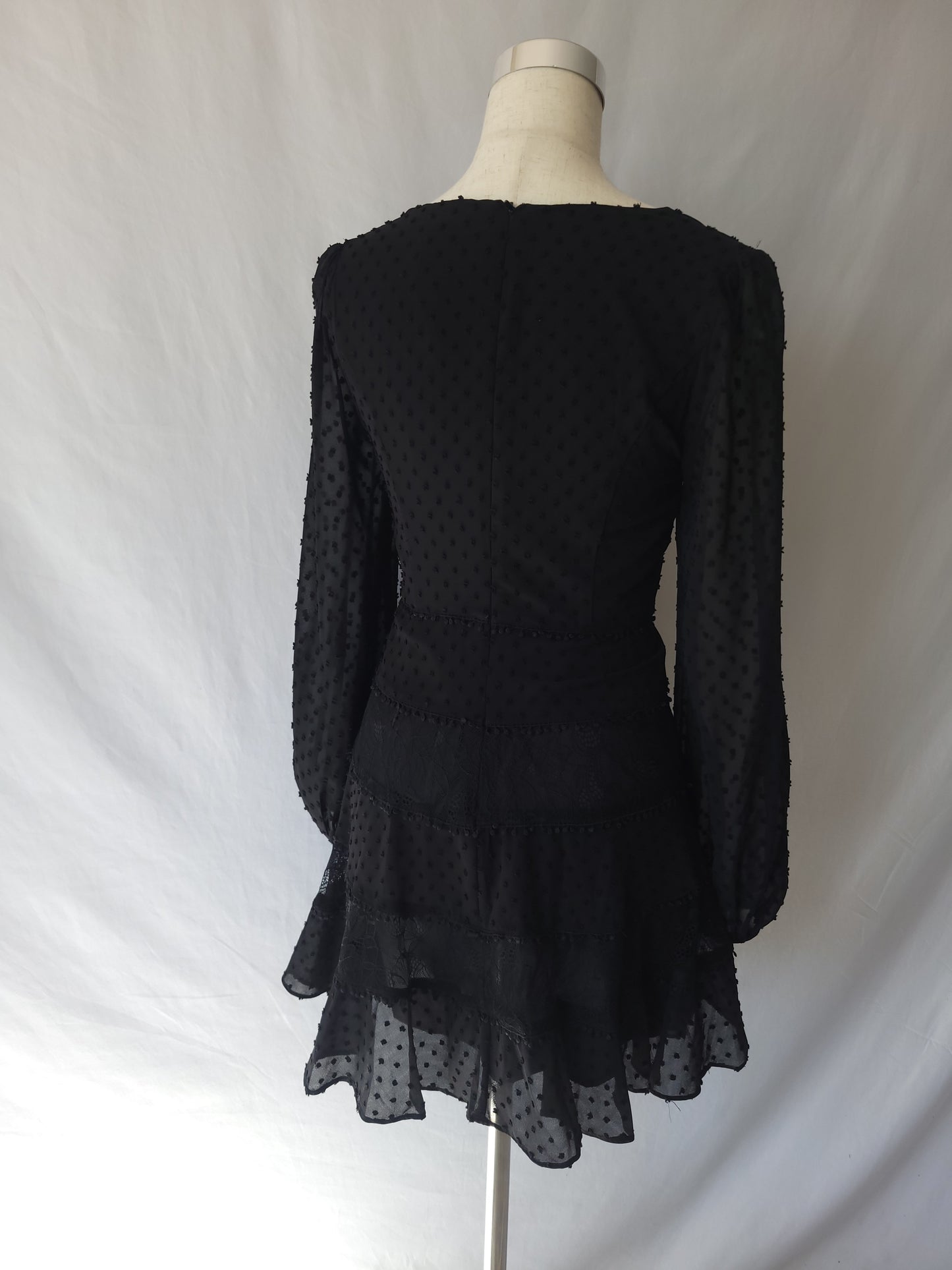 Elegant Dotted Swiss Lace Trim Long Sleeve Black Dress