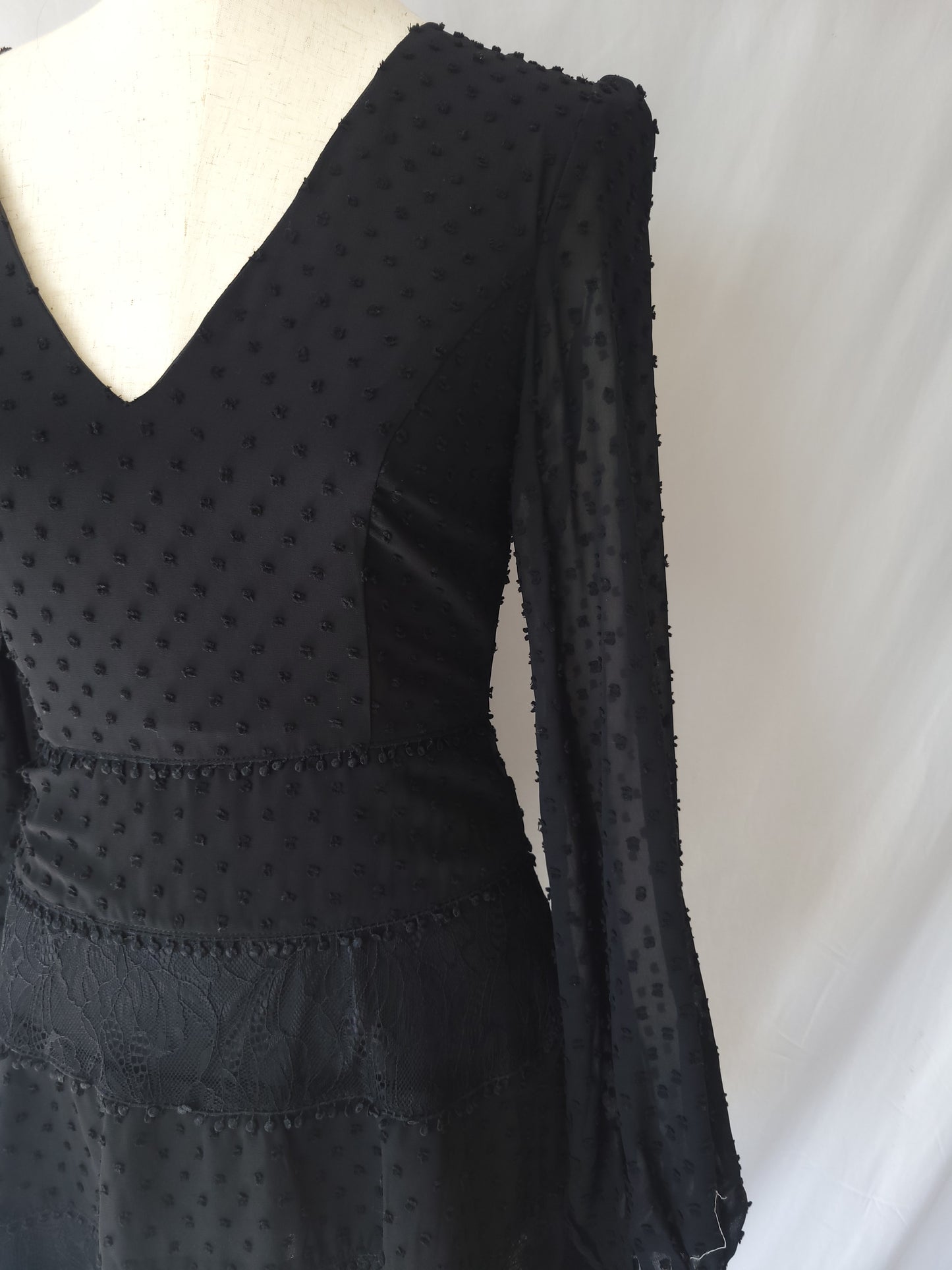 Elegant Dotted Swiss Lace Trim Long Sleeve Black Dress