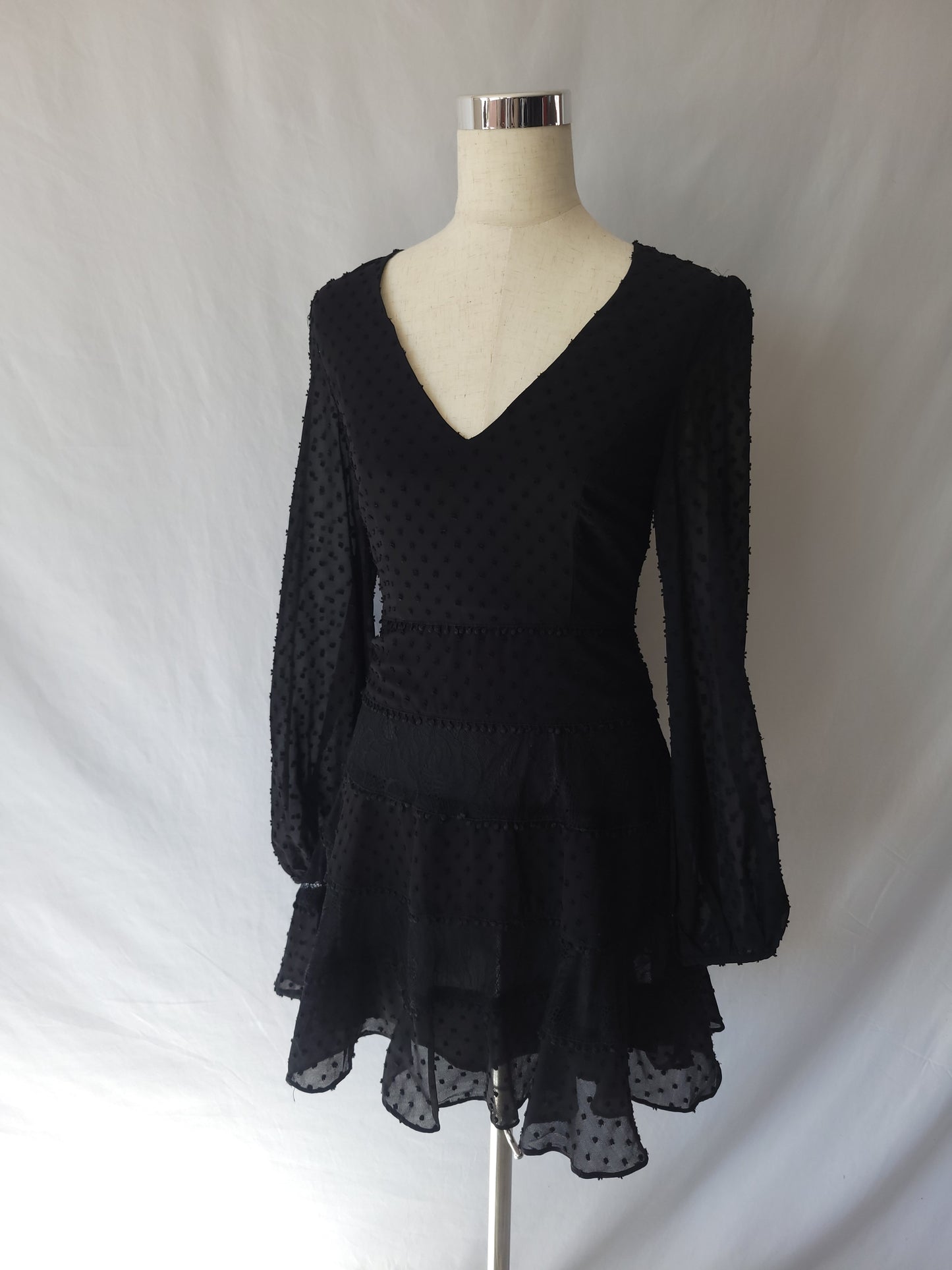 Elegant Dotted Swiss Lace Trim Long Sleeve Black Dress