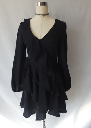 Elegant Ruffled Long Sleeve Black Dress