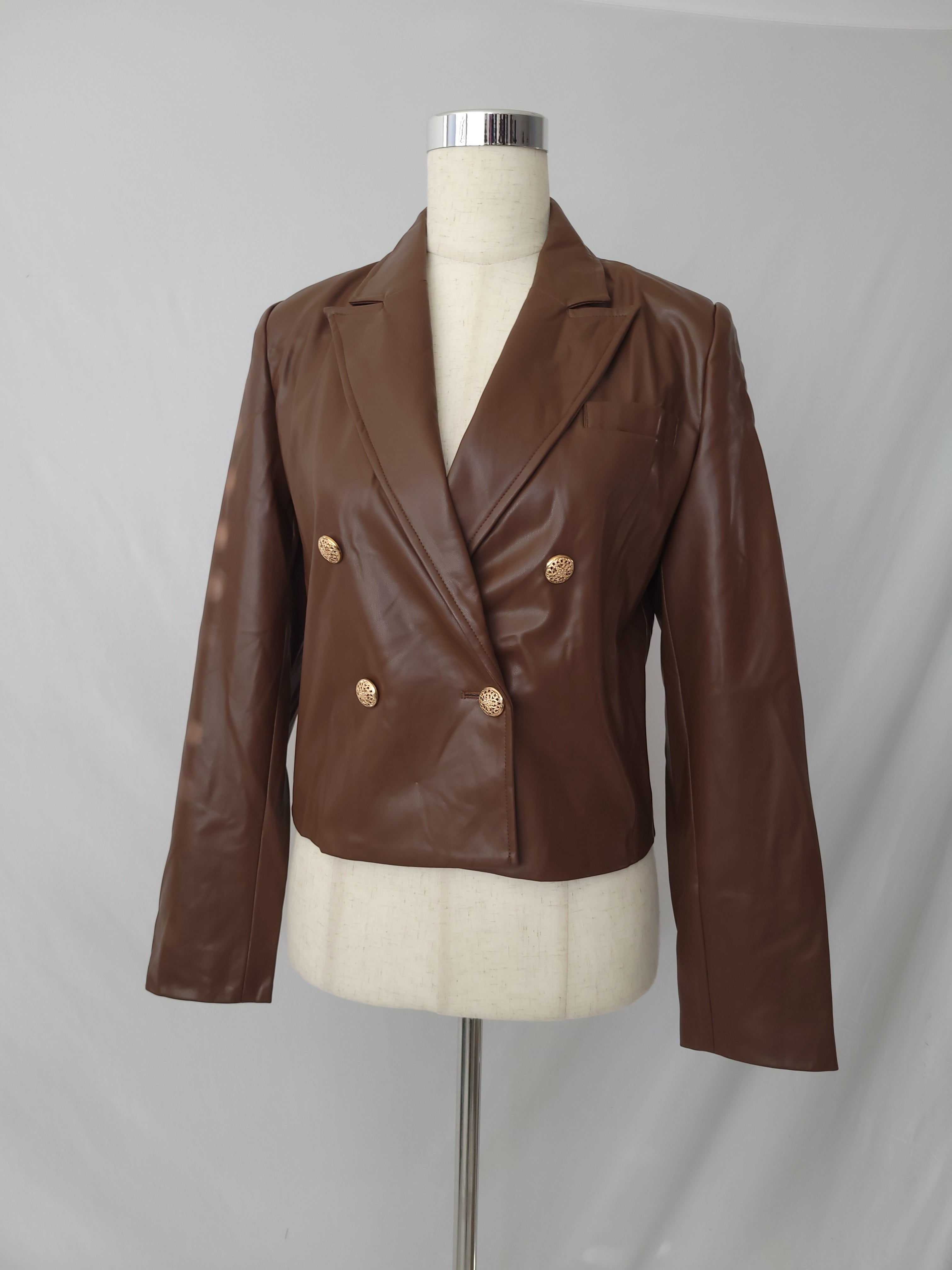 FAUX LEATHER CROPPED MOTO JACKET BROWN