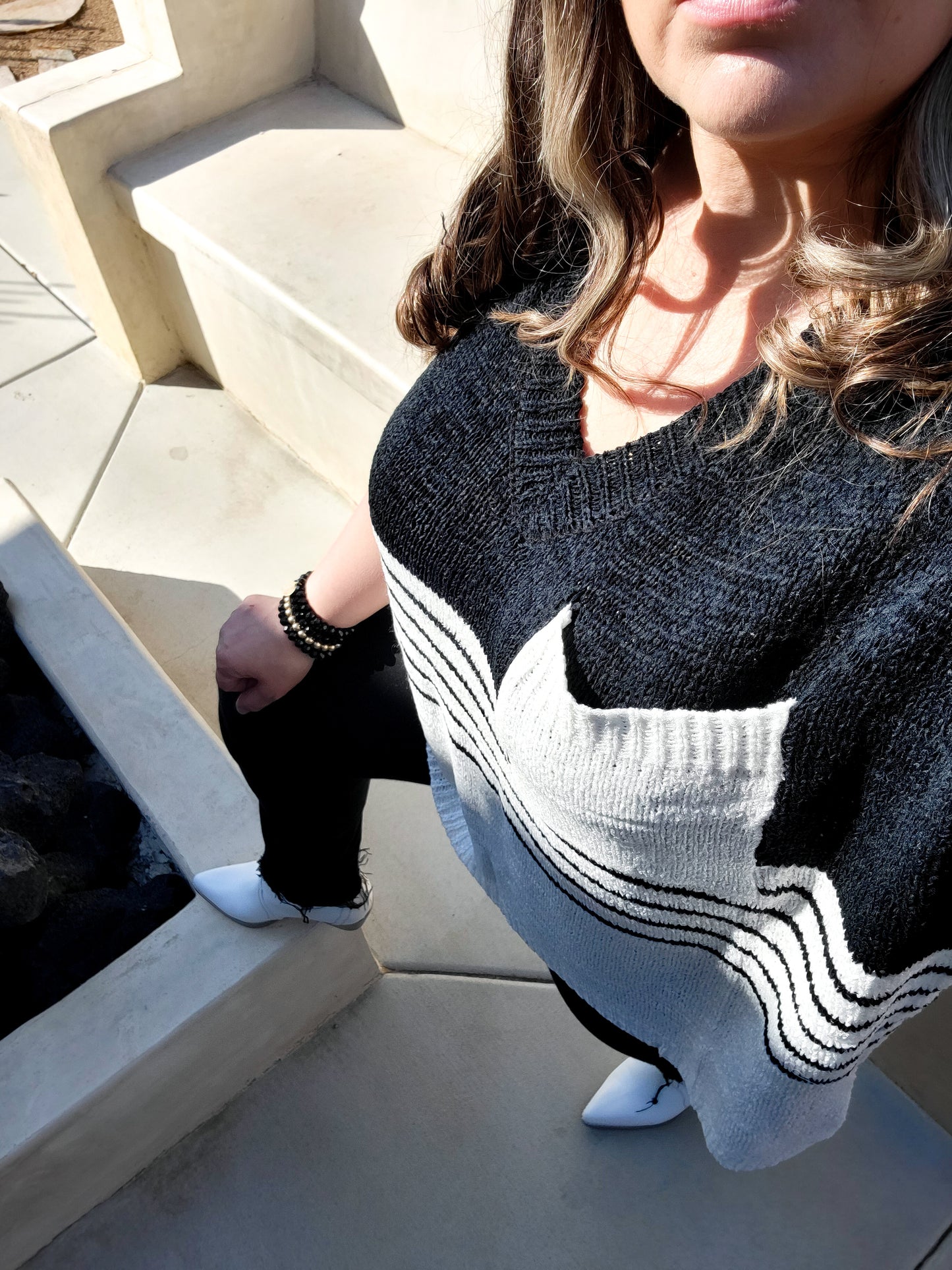 OVERSIZED COLOR BLOCK STRIPE SHORT SLEEVE V-NECK SWEATER TOP S-XL