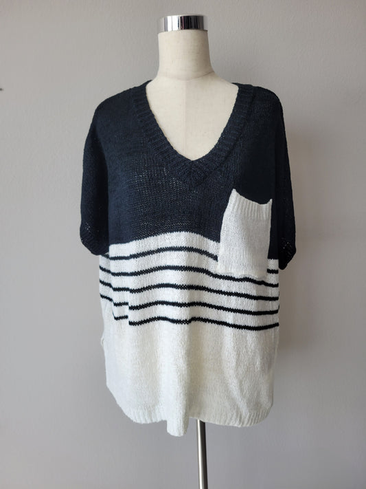 OVERSIZED COLOR BLOCK STRIPE SHORT SLEEVE V-NECK SWEATER TOP S-XL