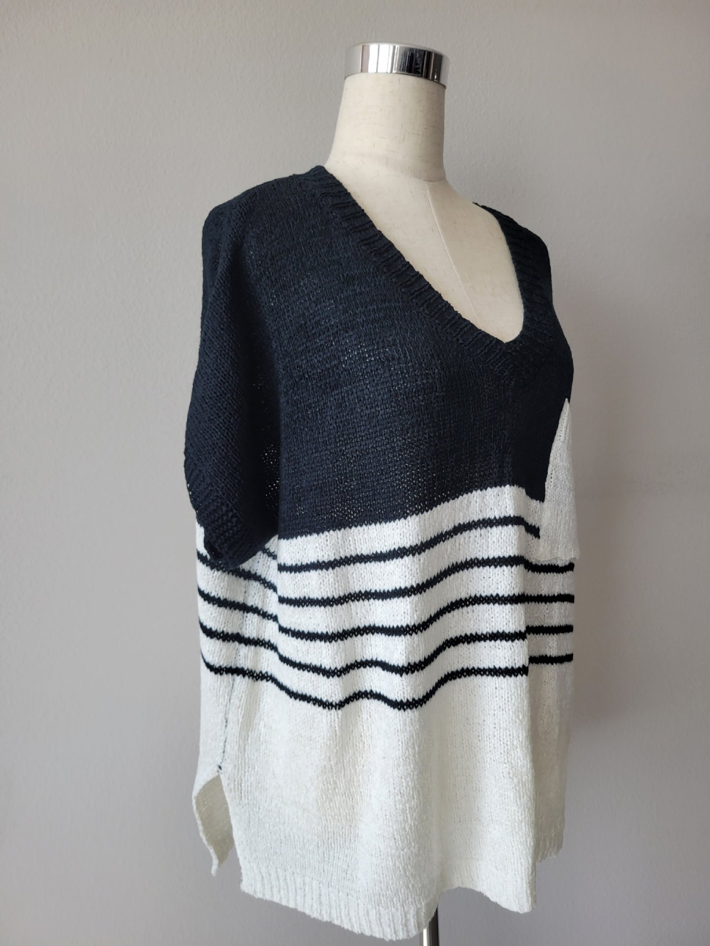 OVERSIZED COLOR BLOCK STRIPE SHORT SLEEVE V-NECK SWEATER TOP S-XL