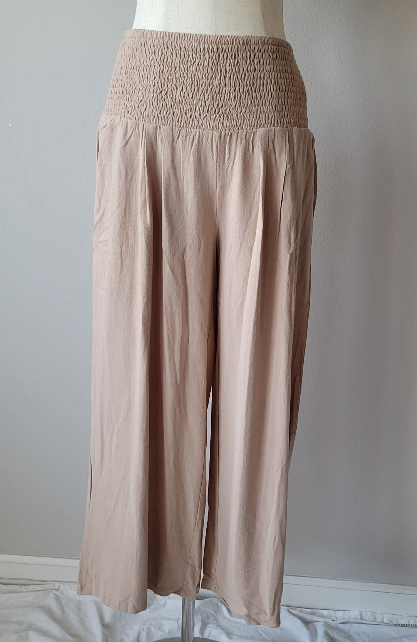 Smocked Waist Wide Leg Linen Pants Taupe