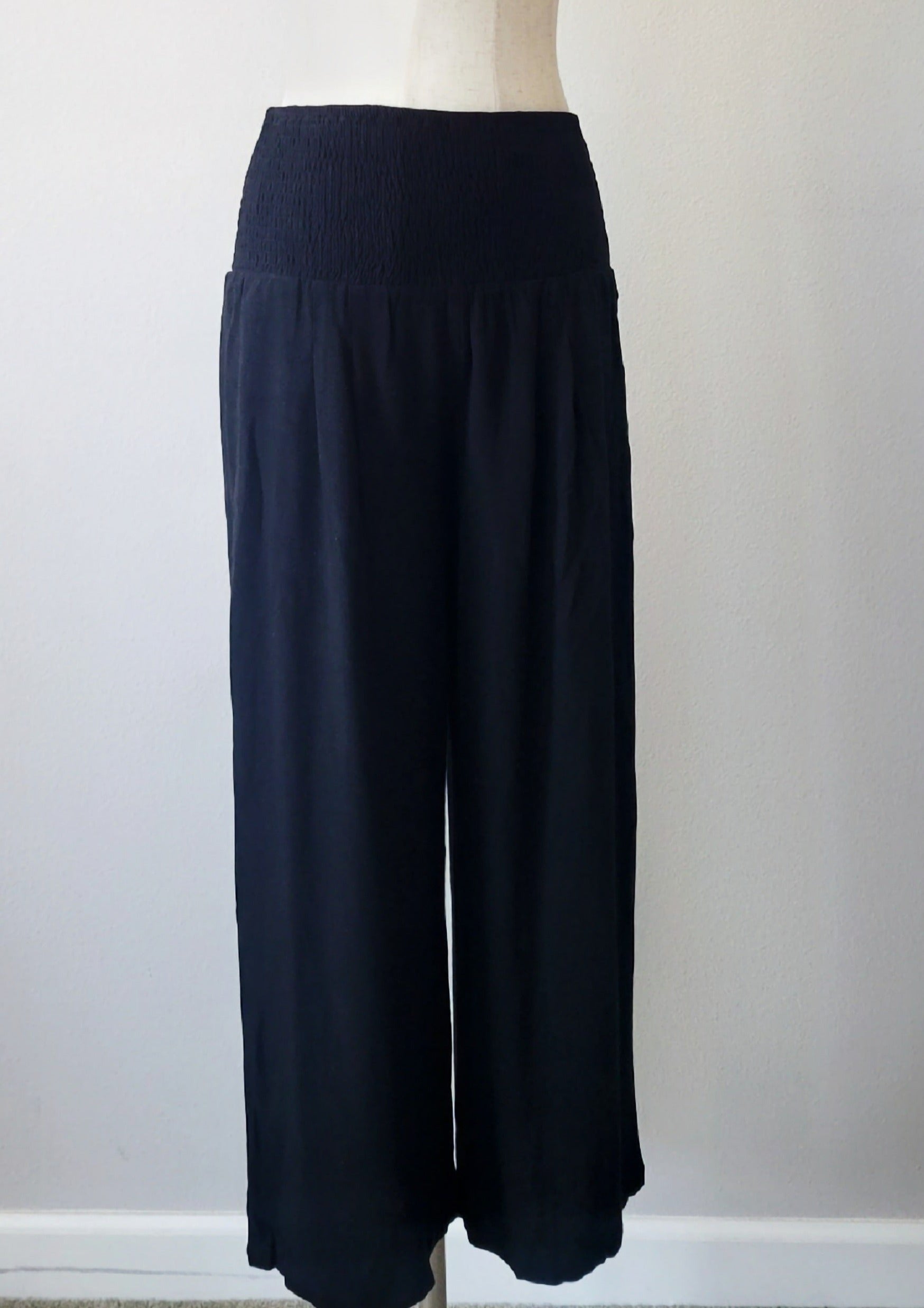 Smocked Waist Wide Leg Linen Pants Black